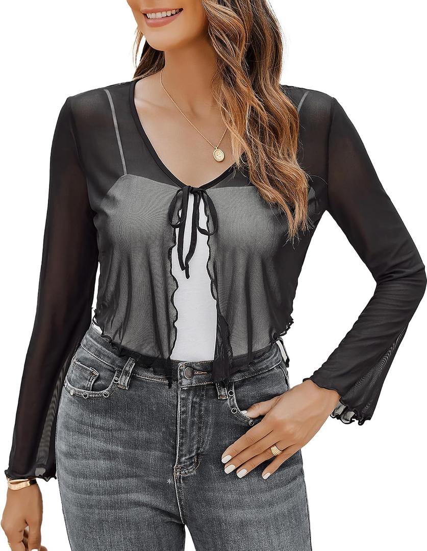 Avidlove Womens Sheer Shrug Tie Front Long Bell Sleeve Mesh Bolero Lightweight Summer Casual Short Shawl Top (XXL)