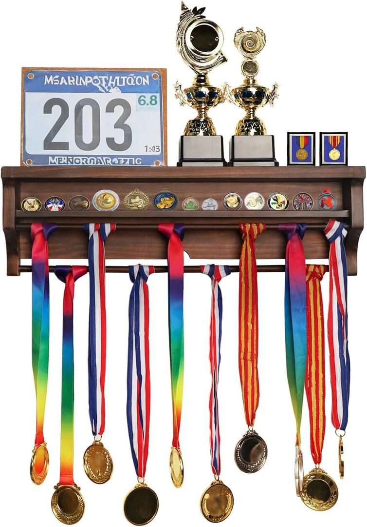 Trophy Medal Display Shelf Wood, Medal Hanger Display with Trophy Shelf for Gymnastics, Football Basketball, Soccer and Other Sports with Race Bib Board (Walnut)