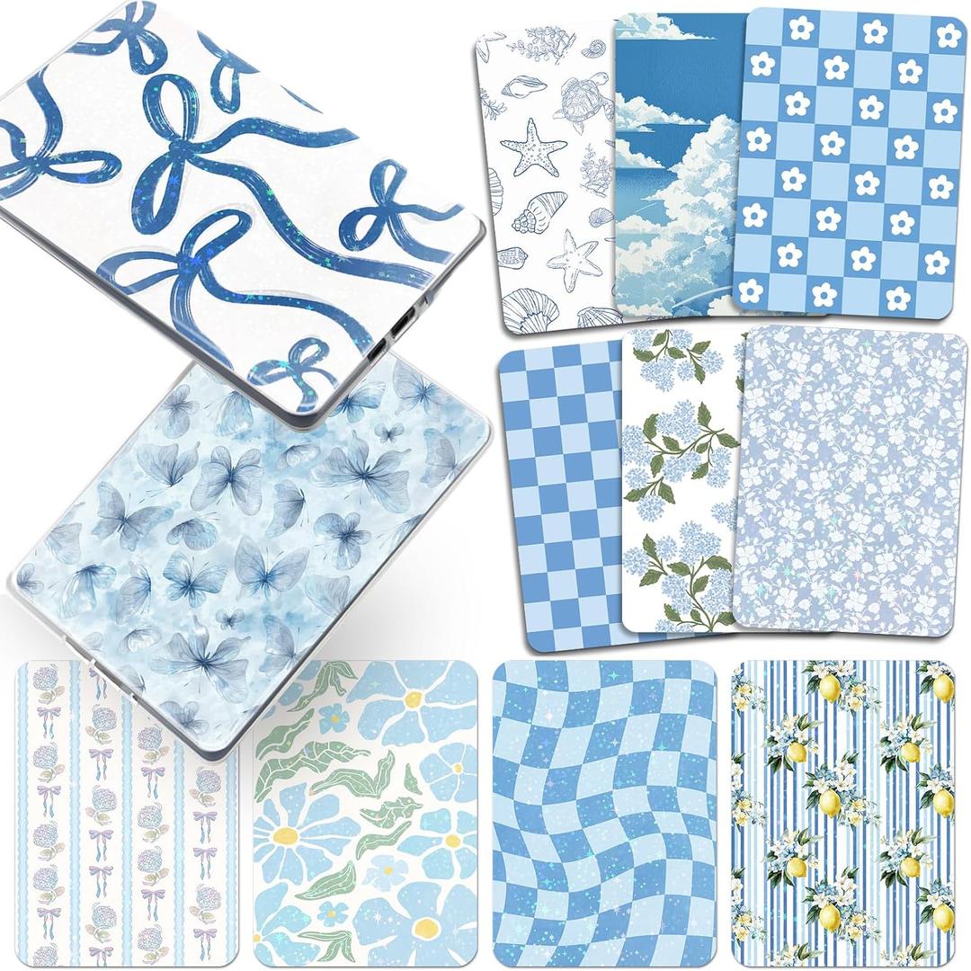 Insert Cardstock for Clear Case - 12 PCs Blue Back Skin Decal Compatible with Kindle Paperwhite 11th 12th Generation 6.8" Floral Card Accessories for E-Reader Book Lover Reader Gifts