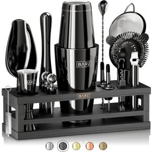 BARE BARREL Mixology Bartender Kit Bar Set | 16-Piece Cocktail Shaker Set | Martini Barware Mixing Tools for Home Bartending | Incl. 35 Recipe Cards | Gift Set (28oz Boston Shaker, Jet Black/Black)