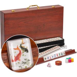 Yellow Mountain Imports American Mahjong Set, Koi Fish with Wooden Case - Four Wooden Racks, Acrylic Pushers, Wright Patterson Scoring Coins, Dice, & Wind Indicator