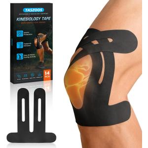 Pre-Shaped Kinesiology Tape for Knees - 14Pcs Waterproof Knee Tape for Knee Pain Relief, Knee Support - Elastic & Breathable Athletic Tape for Running, Hiking, Squats, Sports (Black)