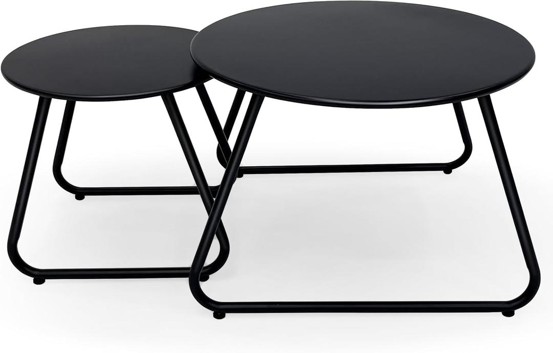 Patio Outdoor Coffee Table Set of 2, Weather Resistant Steel Round End Tables, Outdoor Nesting Table for Patio, Balcony, Bistro and Indoor, Black