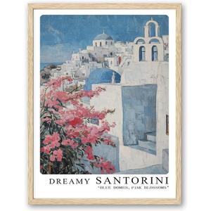 Natural Oak Tropical Island Frame Wall Art, 12x16inch White and Blue Architectural Pink Flower Canvas Wall Printed Matter, Classic City Landmark Wall Decoration Office Bedroom Living Room