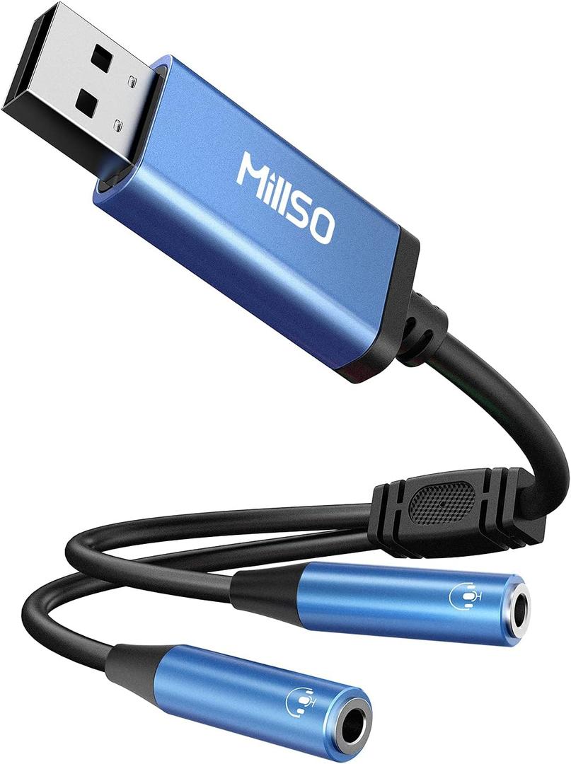 MillSO USB to Dual 3.5mm Audio Jack Adapter, Sapphire Blue TRRS External Stereo Sound Card Headphone Stereo Jack Splitter for Two Headphones, Speakers to a PC, Laptop, Desktop, PS4, PS5-1 Feet