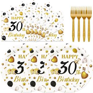 75PCS 30th Birthday Plates and Napkins Party Decorations, 7 Inch White and Gold Happy 30th Birthday Paper Dessert Cake Plates and Napkins Set Disposable Tableware Party Favors for Women Men
