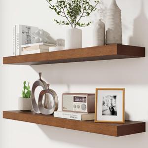 fuqing Rustic Floating Shelves for Wall, 36 Inch Floating Shelves Set of 2, Solid Dark Wood Wall Shelves for Living Room Bedroom Bathroom (Walnut)