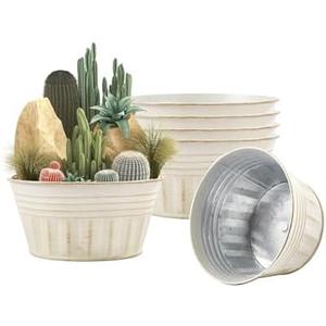 vensovo 10 Inches Beige Metal Rustic Plant Pots - 2 Pcs Large Shallow Galvanized Planters with Drain Hole and Rubber Plug, Rustproof Tin Bucket Succulent Pot Indoor Farmhouse Vintage Style for Decor