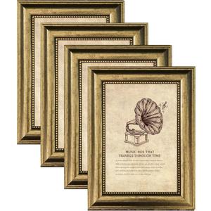 4x6 Picture Frame with Real Glass, 4 set Ornate Vintage Picture Frames for Wall or Tabletop Display, Gold 4 x 6 Frame for Wall Home Best gift