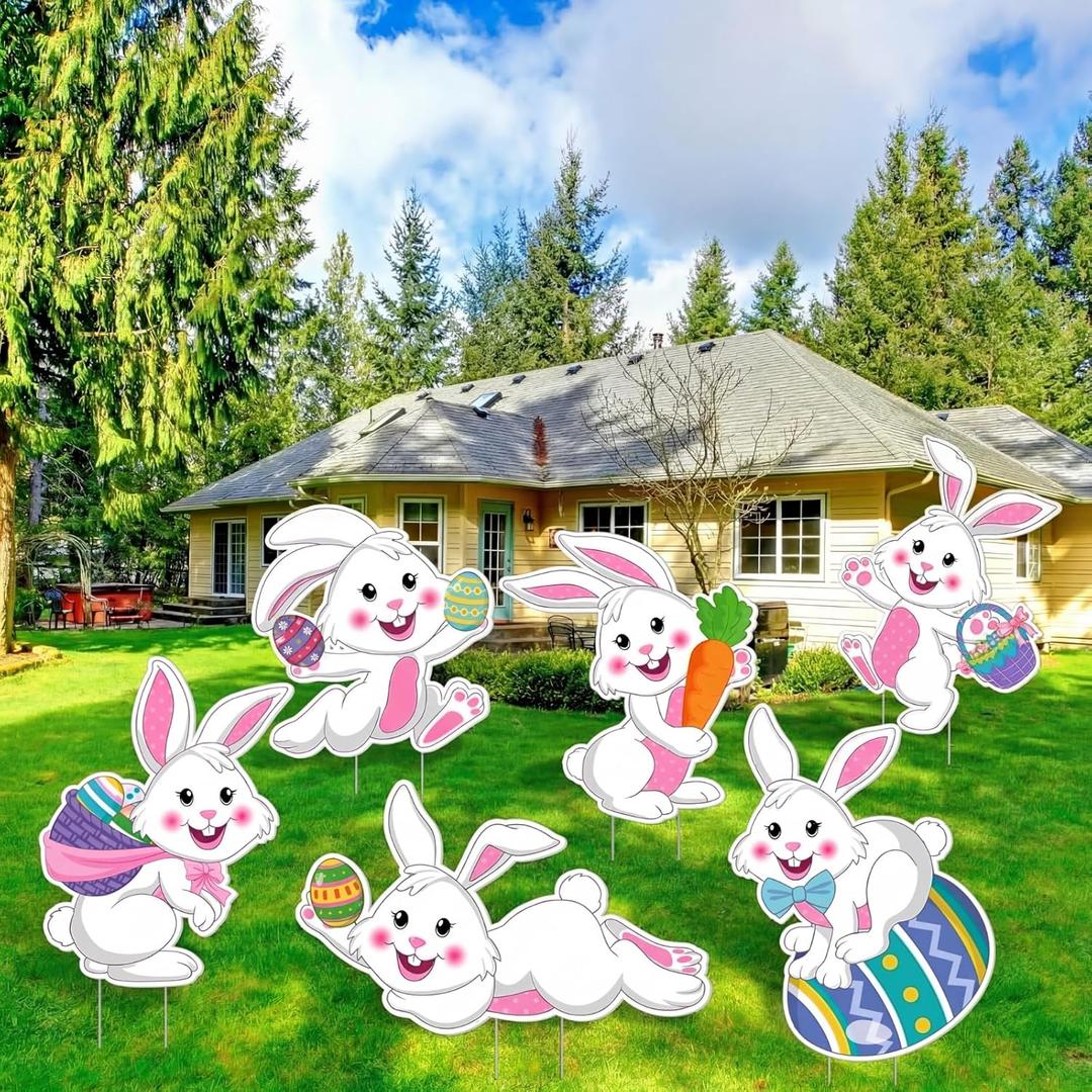 Wenqik 6 Pcs Easter Yard Signs Outdoor Large Bunnies Lawn Decor with Stakes Tumbling Bunnies Easter Outdoor Decorations Egg Hunt Signs for Outside Garden Lawn Party Spring, Assorted Sizes