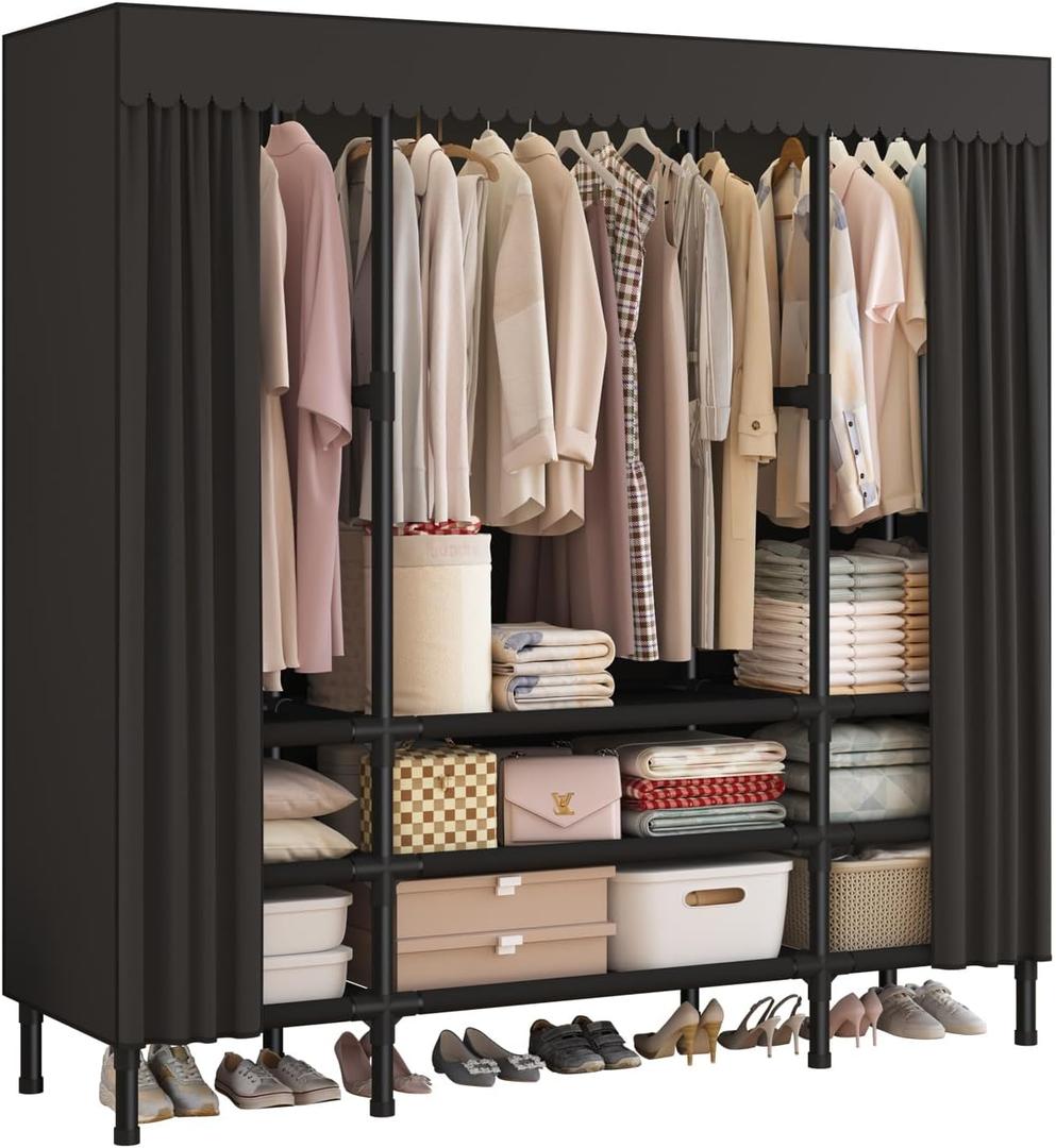 Portable Closet with Cover 55.1"x17.7"x65.7" Wardrobe Closet Black | Portable Closet for Hanging Clothes, Fabric Cover and Hanging Rod, Portable Wardrobe Storage for Bedroom or Dorm Use