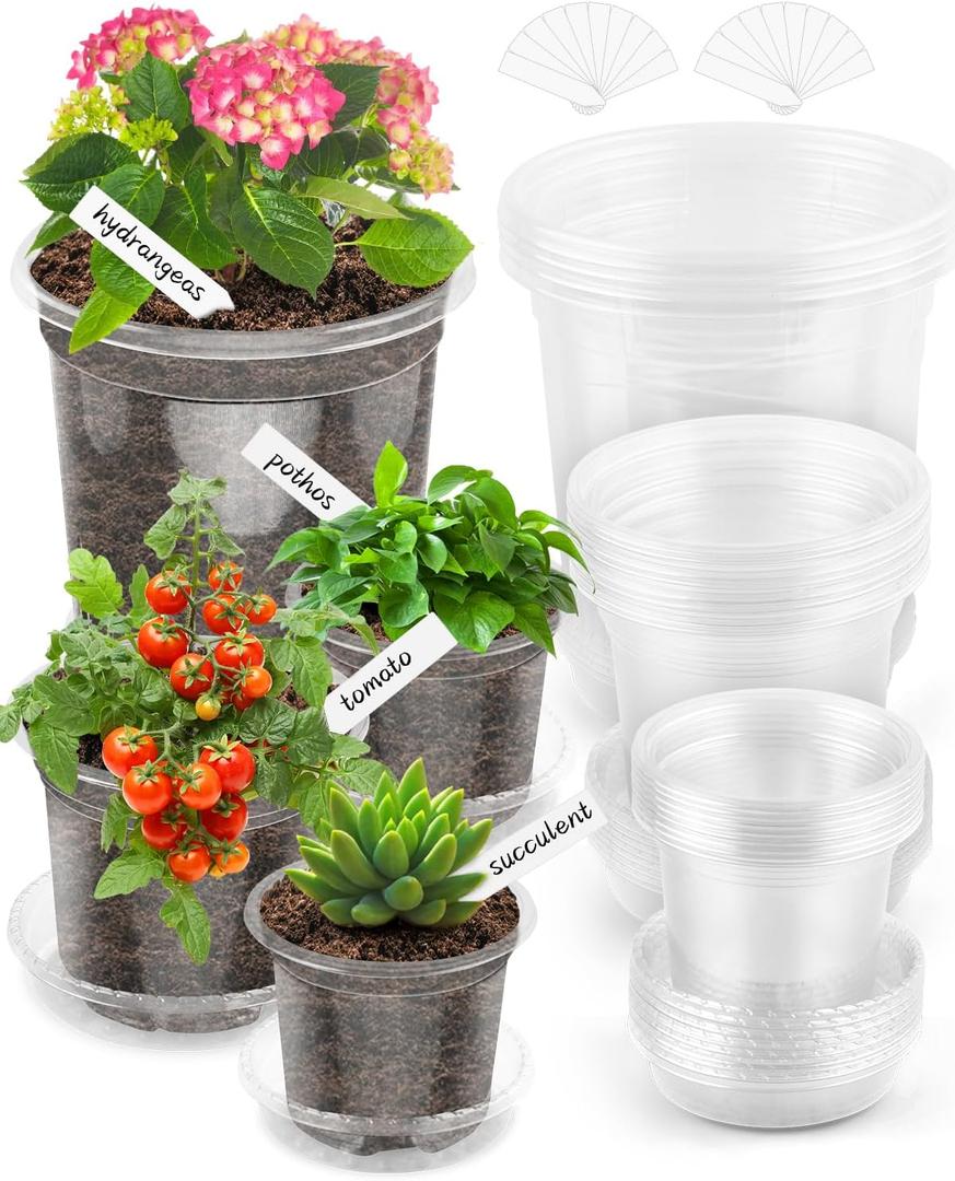 PACETAP 20Pack 6.5/5/4 Inch Reinforced Clear Nursery Pots with 20Pack Sacuers, Thickened Plastic Plant Pots with Drainage Holes, Transparent Plants Seed Starter Pot for Indoor Outdoor Garden (6.5/5/4 In-20p)