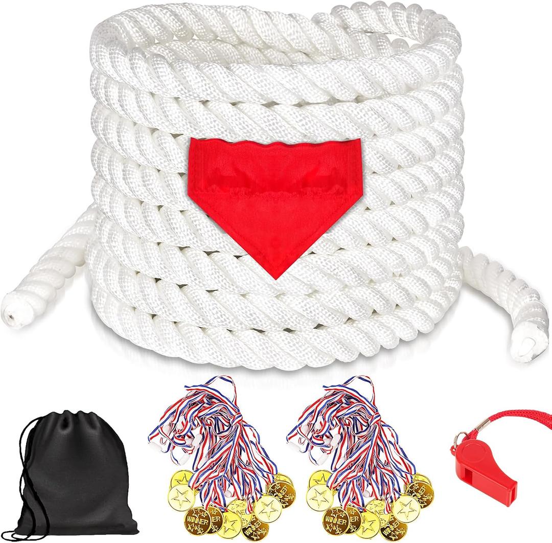 40Ft Tug of War Rope for Kids and Adults, Outdoor Lawn Yard Family Reunion Birthday Party Games, Tug of War Rope with Flag for Team Building Activities Field Day Game Carnival Games (White)