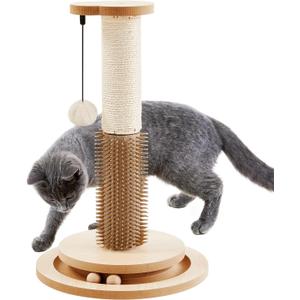 Made4Pets Cat Scratching Post 18" Tall for Small Kittens, 4-in-1 Cat Scratcher with Natural Sisal Ropes, Wooden Turntable Track Toy with Self Grooming Brush, Premium Scratch Pole with Plush Balls