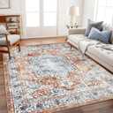 Area Rug 8x10 Washable Rug Tangerine Vintage Traditional Mat Distressed Indoor Foldable Thin Retro Accent Floral Print Rug Non Slip Carpet Living Room Dining Room Office (Earthy Yellow)