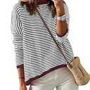 ZESICA Women's Fall Striped Sweaters Long Sleeve Crew Neck Shirts Color Block Lightweight Pullover Tops, Smoke Blue, Medium