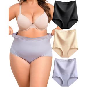 FINETOO Womens Light Tummy Control Shapewear Underwear High Waisted Seamless Panties Lace Full Coverage Postpartum Briefs (Large, Black+beige+blue)
