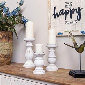 NIKKY HOME Rustic Pillar Candle Holder Set of 3 - Farmhouse Wood Candlestick Stand for Mantle, Fireplace, Dining Table Centerpieces, Distressed White