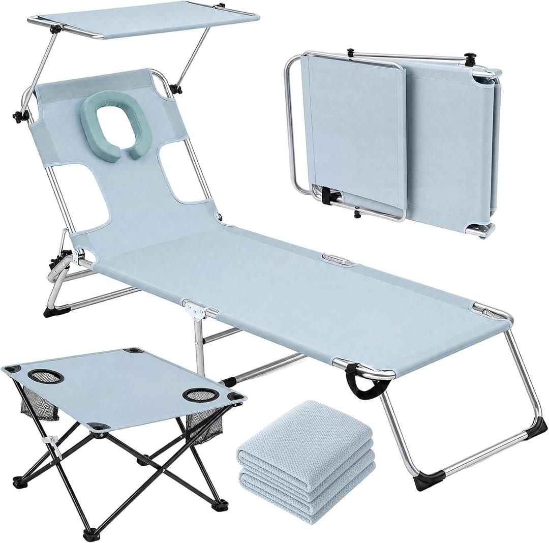 Karenhi 4 Pcs Tanning Chair Set with Canopy Shade Face Hole Includes an Adjustable Sun Lounger Chair, Portable Beach Table, and 2 Pcs Replacement Towels for Outside Sunbathing Poolside(Blue), 35.43" x 68.90"