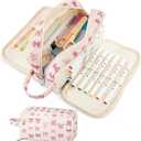 Cute Corduroy Pencil Case with Handle, Extra Large 4 Compartment Multiple Pockets Aesthetic Pencil Pouch Organizer for Teen Girls, School & College Supplies (Bow)