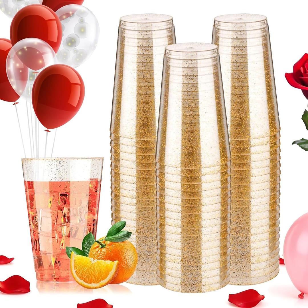 Goodluck 14 oz 50 PCS Gold Glitter Plastic Cups, Disposable Glitter Cups, Elegant Plastic Cocktail Glasses, Fancy Party Cups for Wedding, Birthday, Holiday