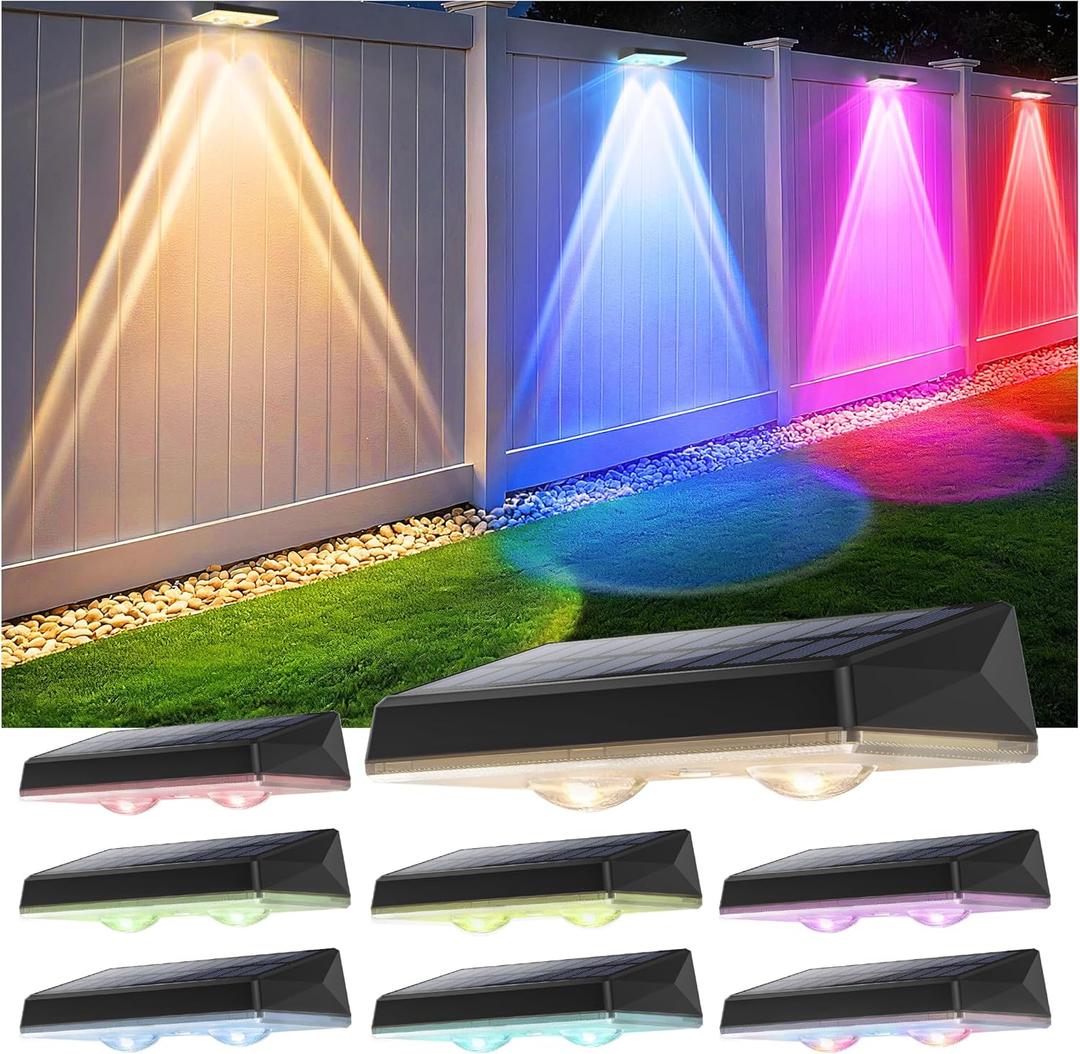 Solar Fence Lights Outdoor - 8 Pack RGB Fence Lights Solar Powered, 7 Color Modes & Warm White, IP67 Waterproof Dusk to Dawn Solar Powered Lights 12+ Hours for Fence/Backyard/Wall/Step/Patio/Deck