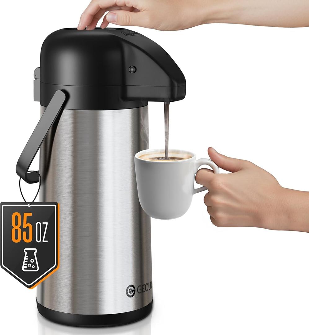 Airpot Coffee Carafe for Keeping Hot - 85 OZ / 2.5L Large Coffee Dispenser with Pump - Insulated Stainless Steel Thermos Urn for Hot Drinks Water Tea Chocolate - Thermal Beverage Dispenser for Parties (85 Ounces)