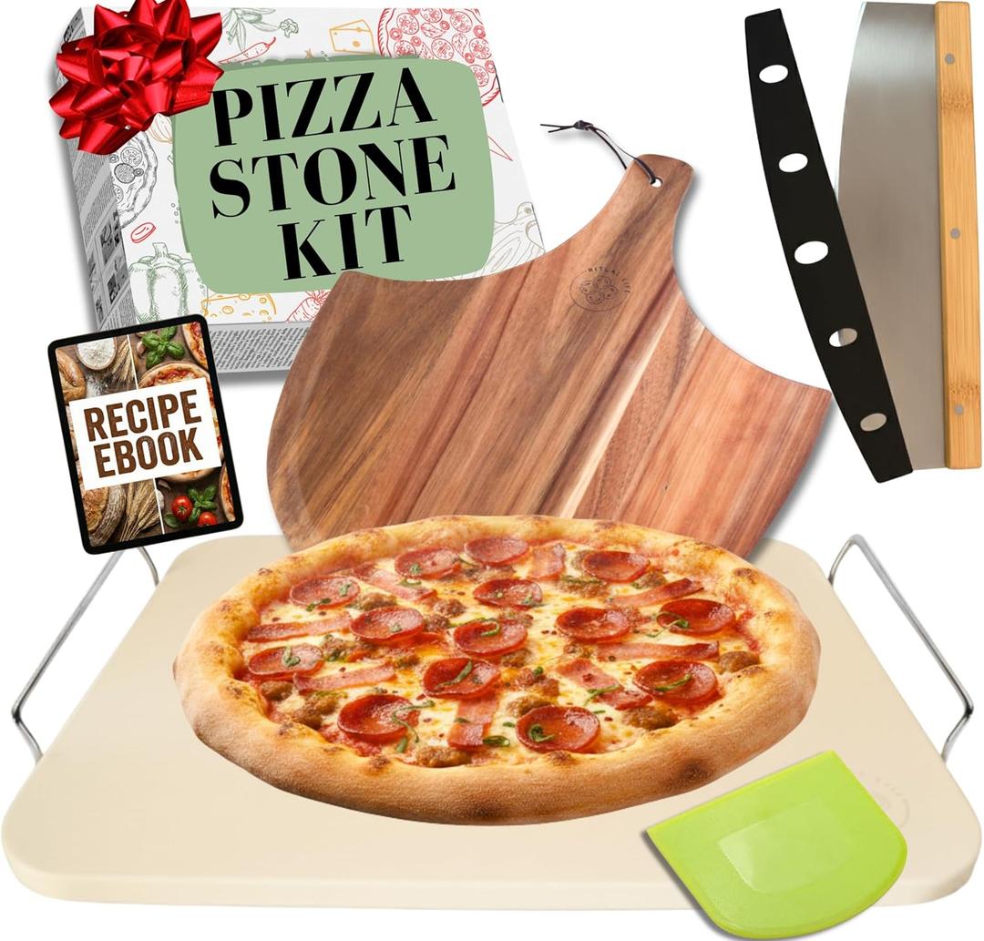 Grill with Handles, Pizza Peel, Pizza Cutter, Dough Tool - Bread Baking Stone - 15 inch  Pizza Oven Accessories Kit