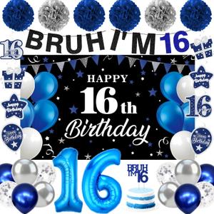 Blue Silver Black 16th Birthday Decorations for Boys Girls, Sweet 16 Party Supplies Kit Bruh I'm 16 Banner, Happy 16th Birthday Backdrop, Number 16 Balloons, Pompoms, Hanging Swirls, Cake Toppers