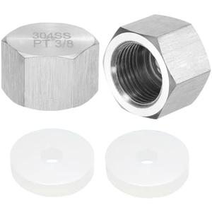 uxcell 2pcs Hex End Cap 304 Stainless Steel Nut with Washer, PT 3/8" Female Thread Pipe Fitting, Gas Line Water Line Stop Valve Cap Tubing Ends for Plumbing Fittings, Silver Tone