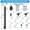 36" Side Mount Stair Railing Post, Stainless Steel Right Side 25~35 Stair Post w/Cable Grommets, Space-Saving Fascia Mount Deck Stair Railing System, 1/8" Black Cable Railing Kit, RG73
