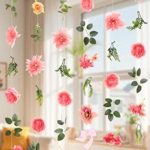 Livole 6Pcs 36Ft Hanging Flower Garland with Bow Pink Wildflower Garlands Backdrop Silk Rose Fake Floral Vines with Hooks for Spring Party Wedding Birthday Anniversary Arch Wall Garden Decor