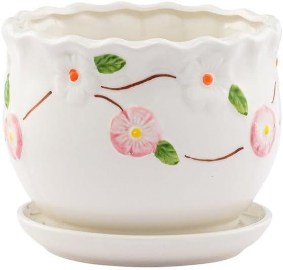 Napco Vintage Floral Ceramic Planter with Drainage & Saucer White Scalloped Flower Pot with Pink Apple Blossom Design, Medium 5.5 x 6 Inch for House Plants, Succulents & Herbs, Cottage Home Dcor