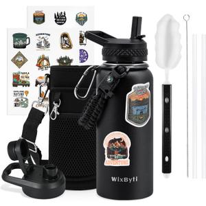 WixByti 32 oz Insulated Water Bottle with Straw (Cold for 24 Hrs), Stainless Steel Triple Wall Vacuum Sports Water Jug, Leakproof Hydro Cup Flask with Paracord Handle & Straw Spout Lids & DIY Stickers