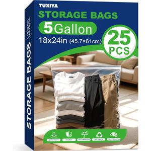 TUXIYA 25PACK 5 Gallon Large Zipper Bags for Storage 18 x 24 Inch, Large Clear Zipper Bags Reusable with Sealable Zippers Top for Clothes, Travel & Moving,Thick 4 Mil