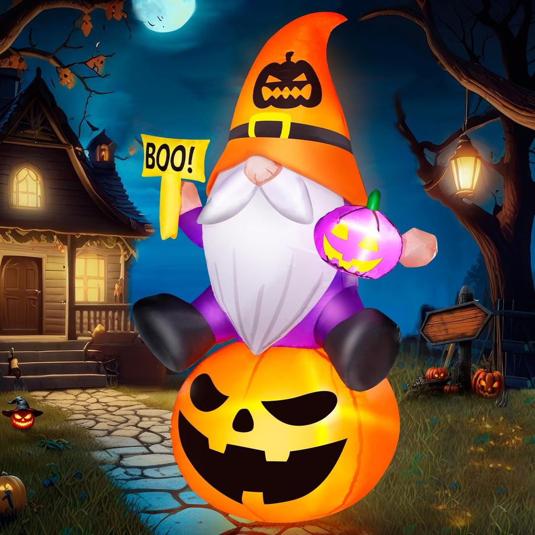 5FT Halloween Inflatables Gnome with Pumpkin Halloween Decoration Outdoor Built-in Brilliant LED Lights, Blow Up Yard Decorations Outdoor Indoor Garden Party Lawn