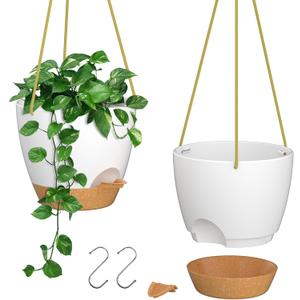 ZMTECH 8 Inch Hanging Planters for Indoor Outdoor Plants, 2 Pack Self Watering Hanging Plant Pots with Drainage Holes and Removable Saucer, Plastic Flower Hanging Pots with Watering Lip (White)