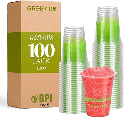 GREEVIRO Eco Compostable Plant-Based Clear Plastic Cups 12oz Thick, Reusable, Disposable Iced Coffee Cups for Smoothies, Beer & Any Beverages for Parties, Weddings & Gatherings