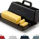 Butter Dish with Lid for Countertop, by Kook, Ceramic Dish Tray with Cover, Kitchen Keeper, Container, Holder, Holds 1 Stick, Microwave and Dishwasher Safe, Black