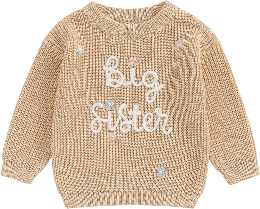 Baby Girl Boy Knit Sweater Blouse Pullover Sweatshirt Warm Crewneck Long Sleeve Tops for Infant Toddler (4-5T, Big Sister Khaki Sweater)