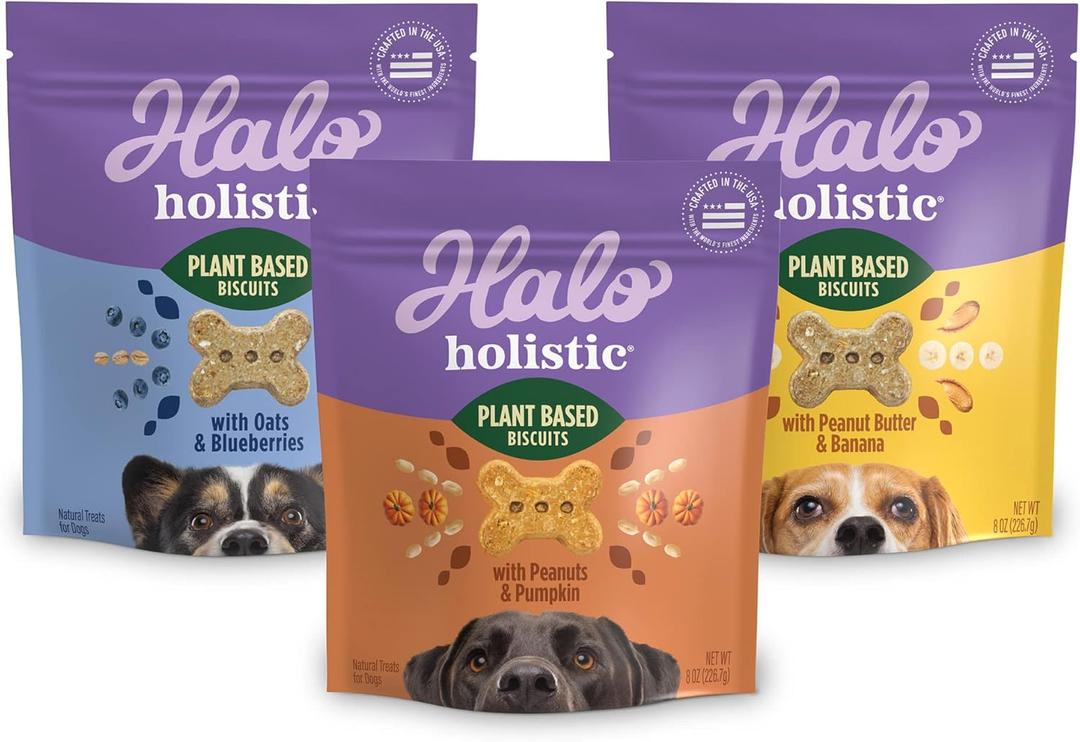 Halo Holistic Vegan Dog Treats Variety Pack, Plant-Based Three Bag Treat Pack with Oats & Blueberries, Peanut Butter & Banana, Peanuts & Pumpkin, 8 Oz Bag(Pack of 3) Best Before 07/30/27