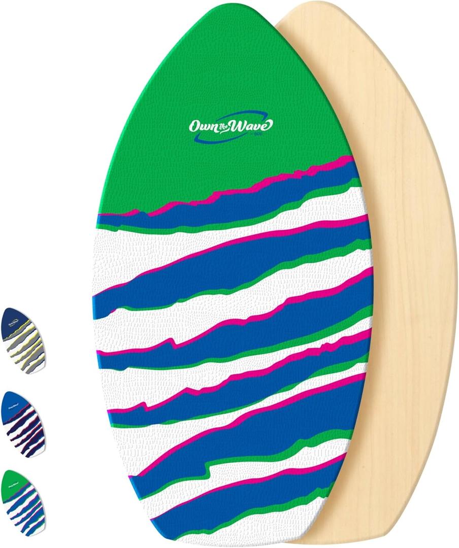 Own the Wave New Zealand 'Claw Strike' Skimboard with Colored EVA Grip Pad and High Gloss Clear Coat Wooden Skim Boards for Kids and Adults | Choose from 2 Sizes and Traction Pad Color (40 Inch, Green)