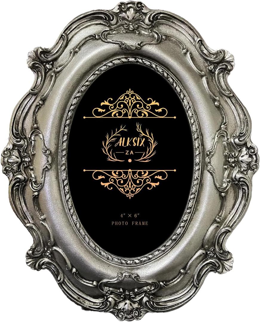 Vintage Oval Picture Frame 4x6 Antique Photo Frame Table Top Display and Wall Hanging Home Decor (Silver)