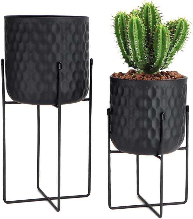 TRIROCKS Set of 2 Planters with Stand Indoor Otdoor Metal Plant Stand 8 * 8 &7 * 7 "Modern Planters Flower Pots for Living Room Corner Kitchen Office Garden Balcony Patio Decor(Black), 18 pulgadas