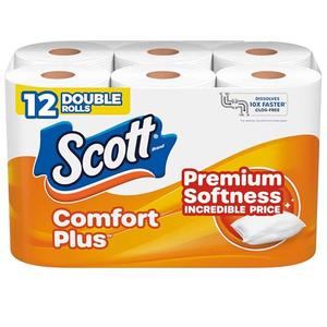 3 x Scott ComfortPlus Toilet Paper, 12 Double Rolls, 231 Sheets per Roll, Septic-Safe, 1-Ply Toilet Tissue