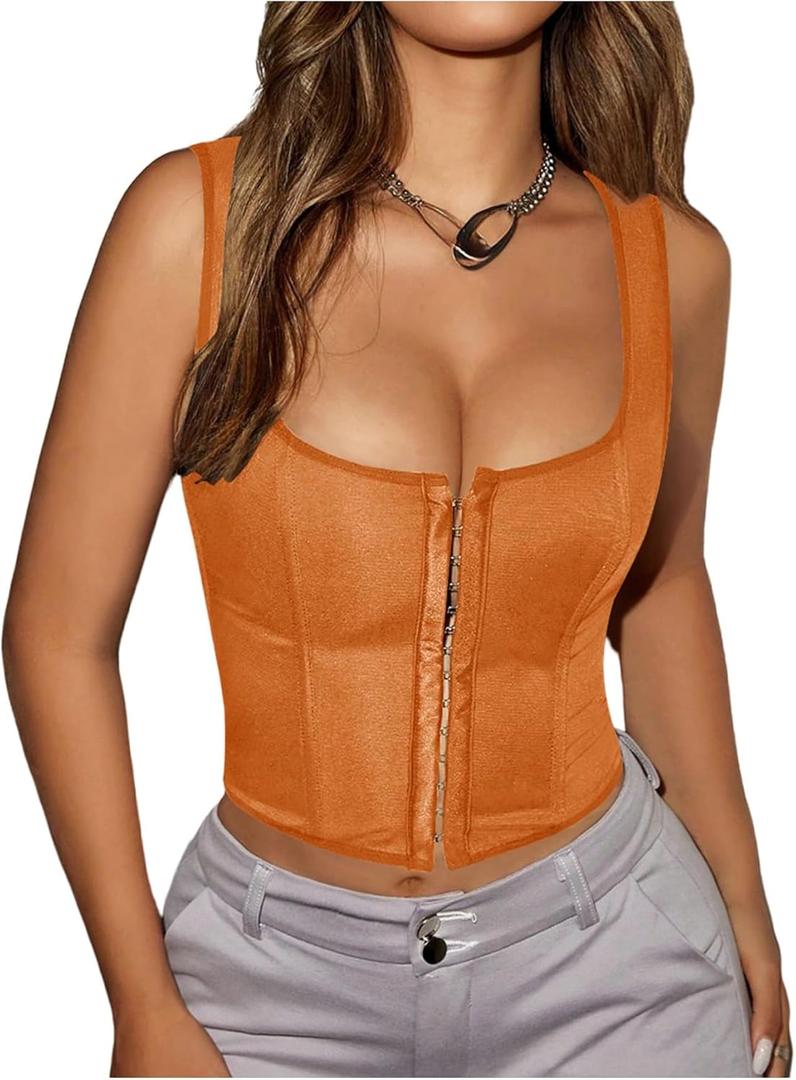 SOLY HUX Women's Y2K Vintage Strapless Overbust Corset Top Corset Boned Lace-Up Back Bodyshaper Crop Bandeau Top (Medium, Plain Orange)