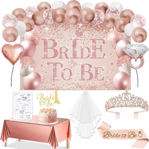 54Pcs Bridal Shower Decorations with Rose Gold Bride to Be Banner, Balloons, Crown, Sash and Veil, Tablecloth, Tattoos and Cake Toppers, Bachelorette Party Decorations Accessories