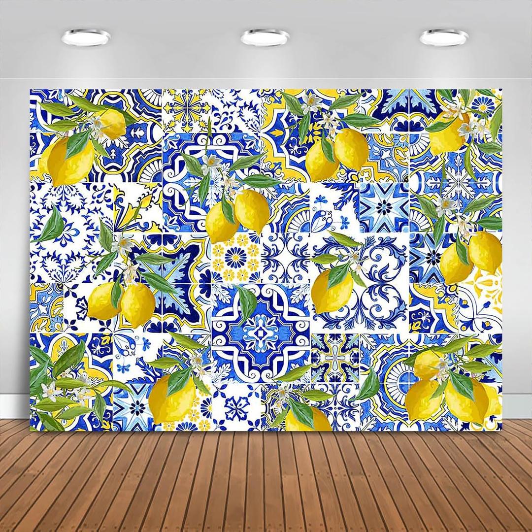 Blue Tiles Lemon Backdrop 8x6ft Summer Fruit Baby Shower Birthday Background Party Decorations Lemon Wall Paper Dessert Table Cloth Banner Photo Booth Props