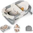MoreFeel Foldable Baby Bathtub with Thermometer - 4-in-1 Grow-with-Me Collapsible Infant Tub (Newborn to Toddler) with Adjustable Mesh Sling - Space Saving Design
