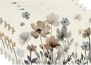 Floral Placemats for Dining Table Set of 4, Spring Summer Brown Poppy Flower Leaves 12x18 Inch Seasonal Holiday Table Mats for Party Kitchen Dining Decoration